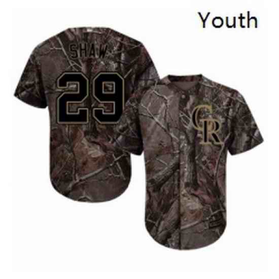 Youth Majestic Colorado Rockies 29 Bryan Shaw Authentic Camo Realtree Collection Flex Base MLB Jersey